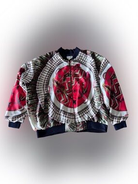 90’s Southwest Pizazz Print Bomber Jacket in Red, White & Black